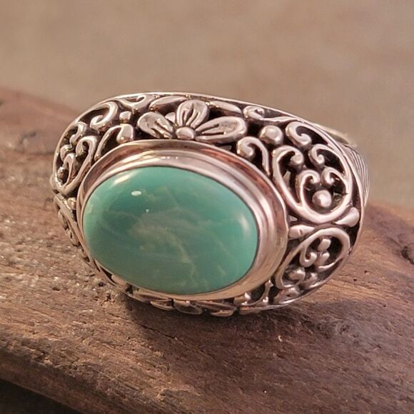 Bali Flower Scroll Green Turquoise Sterling Silver Statement Ring - Picture 4 of 9